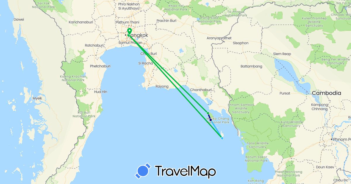 TravelMap itinerary: driving, bus, boat in Thailand (Asia)